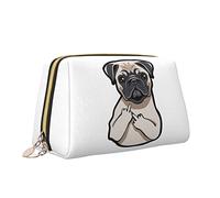Borsa per il trucco in pelle con cerniera per donna,Simpatica borsa per cosmetici con dito medio di un carlino innocente Borsa da toilette Custodia per trucco impermeabile carina Organizzatore da via