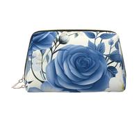 Borsa per il trucco in pelle con macchina da caffè espresso, borsa da viaggio di grande capacità, borsa per articoli da toeletta a doppio scopo e borsa, Fiore Blu Floreale Modello Rose, Taglia unica