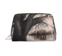 Borsa per il trucco in pelle con piume di pavone, borsa da viaggio di grande capacità, borsa per articoli da toeletta a doppio scopo e borsa per il, Vecchio Albero Sul Lago, Taglia unica, Zaino per la