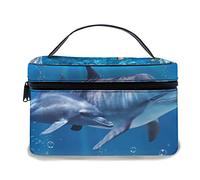 Borsa per il trucco in pelle, Dolphin Pretty Blue Ocean World Animal Fish and Coral, Borse per il trucco portatili impermeabili