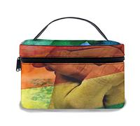 Borsa per il trucco in pelle, doppia esposizione di una bandiera arcobaleno e le mani di un giovane uomo messe insieme come pregare, borse per il trucco portatili impermeabili