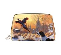 Borsa per il trucco in pelle dorata - Borsa per cosmetici da viaggio con stampa di fagiani con cane che cattura il fagiano, piccola borsa organizer con manico, astuccio con cerniera, Oro, Taglia unica