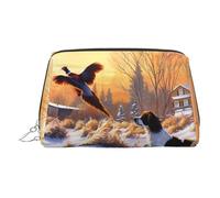 Borsa per il trucco in pelle dorata - Borsa per cosmetici da viaggio con stampa di fagiani con cane che cattura il fagiano, piccola borsa organizer con manico, astuccio con cerniera, Argento, Taglia