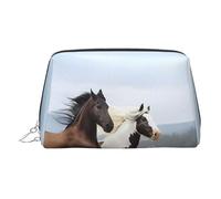 Borsa per il trucco in pelle dorata, con stampa artistica di cavalli che corrono, da donna, piccola organizer con manico, astuccio con cerniera, Argento, Taglia unica
