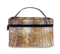 Borsa per il trucco in pelle, foresta della stagione autunnale nei raggi del sole, borse per il trucco portatili impermeabili