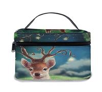 Borsa per il trucco in pelle, foresta magica per la notte delle fate, piccola foresta di cervi, opere d'arte del paesaggio selvaggio degli animali, borse per il trucco portatili impermeabili