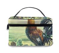 Borsa per il trucco in pelle, gallo del gallo nel paesaggio estivo Fiori di pollo della fattoria della pittura digitale del paesaggio, borse per il trucco portatili impermeabili