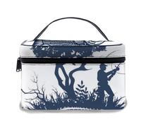 Borsa per il trucco in pelle, grafica astratta della silhouette dell'uomo e dell'albero sull'isola a forma di pesce, borse per il trucco portatili impermeabili