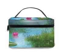 Borsa per il trucco in pelle, laghetto fantasy con ninfee che galleggia arte digitale di fiabe romantiche di loto, borse per il trucco portatili impermeabili