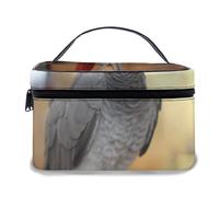 Borsa per il trucco in pelle, pappagallo grigio africano su un trespolo, borse per il trucco portatili impermeabili