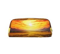 Borsa per il trucco in pelle per borsa da viaggio piccole borse portatili per donne uomini tramonto da sogno di un campo di girasole borsa cosmetica con cerniera astuccio per matite estetico