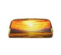 Borsa per il trucco in pelle per borsa da viaggio piccole borse portatili per donne uomini tramonto da sogno di un campo di girasole borsa cosmetica con cerniera astuccio per matite estetico