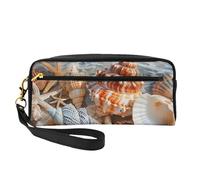 Borsa per il trucco in pelle stampata con paesaggio di conchiglie sulla spiaggia con cinturino da polso Borsa da toilette portatile da viaggio borsa organizer per cosmetici per le donne