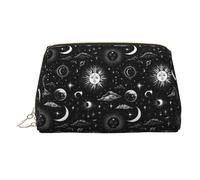 Borsa per il trucco in pelle stile boho con cielo notturno mistico, sole e luna, astuccio cosmetico leggero e portatile con cerniera, ideale per i viaggi.