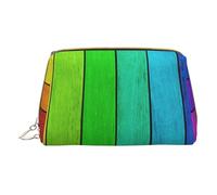 Borsa per il trucco in scala di drago,Sacchetto cosmetico in pelle portatile,Borsa da toilette impermeabile da viaggio, Sfondo di legno colorato arcobaleno, Taglia unica