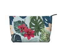 Borsa per il trucco in velluto a coste con cerniera, borsa da toilette, astuccio per cosmetici, articoli essenziali da viaggio/spiaggia, regalo per lei - hojas tropicales y flores, nero