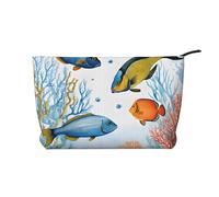 Borsa per il trucco in velluto a coste con cerniera, borsa per cosmetici, articoli essenziali da viaggio/spiaggia, regalo per lei - pesci colorati nel mare, nero