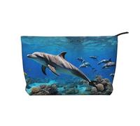 Borsa per il trucco in velluto a coste con cerniera, borsa per cosmetici, articoli essenziali da viaggio/spiaggia, regalo per lei - pesce delfino del mondo sottomarino 3D