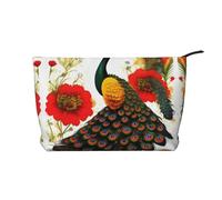 Borsa per il trucco in velluto a coste con fiori rossi pavone con una fodera robusta per i viaggi e l'uso quotidiano