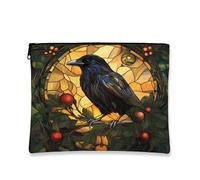 Borsa per il trucco in vetro colorato, motivo corvo artistico, con uccellino nero, borsa da viaggio per donne, organizer portatile in tela con cerniera, borsa da toilette per la cura della pelle delle