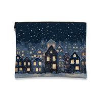 Borsa per il trucco invernale, accogliente borsa da viaggio per cosmetici con villaggio innevato per donne, piccola borsa portatile in tela con cerniera, borsa da toilette per la cura della pelle