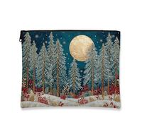 Borsa per il trucco invernale, borsa da viaggio per cosmetici, con foresta innevata, luna dorata, borsa da viaggio per donne, piccola borsa portatile in tela con cerniera, borsa per la cura della