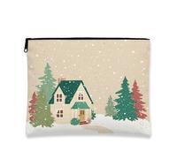 Borsa per il trucco invernale, borsa da viaggio rustica con cottage innevato per donne, piccola borsa portatile in tela con cerniera, organizer per articoli da toeletta per le vacanze, Beige, 7x9 Inch