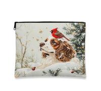 Borsa per il trucco invernale con cane, astuccio per cosmetici vintage con cardinale e foresta innevata per donne, organizer portatile in tela con cerniera, 17,8 x 2