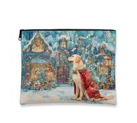 Borsa per il trucco invernale con cane, blu con scena innevata, borsa da viaggio per donne, piccola borsa portatile in tela con cerniera, borsa da toilette per la cura della pelle delle vacanze, Blu