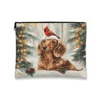Borsa per il trucco invernale con cane, cardinale festivo e foresta innevata, borsa da viaggio per donne, organizer portatile in tela con cerniera, 17,8 x 23