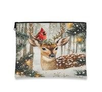 Borsa per il trucco invernale con cervo, borsa da viaggio rustica cardinale per donne, piccola borsa portatile in tela con cerniera, 17,8 x 22,