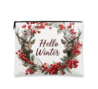 Borsa per il trucco invernale con cervo, borsa da viaggio rustica per cosmetici, da donna, piccola borsa portatile in tela con cerniera, bianco, 7x9 Inch, Cervo