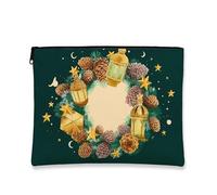 Borsa per il trucco invernale, con lanterne a forma di pigne, astuccio da viaggio per cosmetici, da donna, portatile, in tela, con cerniera, borsa da toilette natalizia per la cura della pelle, Verde