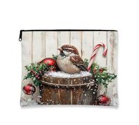 Borsa per il trucco invernale con passero, borsa da viaggio vintage rustica per donne, organizer portatile in tela con cerniera, borsa da toilette natalizia per le vacanze, 17,8 x 22,9 cm