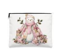 Borsa per il trucco invernale con pupazzo di neve, borsa da viaggio vintage patchwork per donne, organizer portatile in tela con cerniera, borsa da toilette natalizia per le vacanze, Pesca, 7x9 Inch