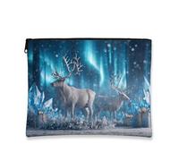 Borsa per il trucco invernale con renna, con cristalli blu, borsa da viaggio per cosmetici, da donna, piccola borsa portatile con cerniera, borsa da toilette per la cura della pelle, Blu, 7x9 Inch