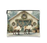 Borsa per il trucco invernale con renna, rustica, da viaggio, per donne, piccola borsa portatile in tela con cerniera, borsa da toilette natalizia per la cura della pelle, Inverno, 7x9 Inch, Renna