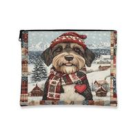 Borsa per il trucco invernale con ritratto di cane, accogliente borsa da viaggio rustica con animali, borsa da viaggio per donne, organizer portatile con cerniera per articoli da toeletta, 18 x