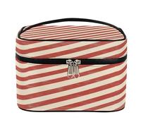 Borsa per il trucco, linea beige rossa borsa da toilette da viaggio di grande capacità per le donne con manico e corda fissa elastica portatile borsa per il trucco organizer, Linea Beige Rosso, Misura