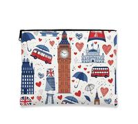 Borsa per il trucco London, con cuori rossi e blu, borsa da viaggio vintage per donne, piccola borsa portatile in tela con cerniera, regalo per festival, bianco, 7x9 Inch, Londra