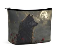 Borsa per il trucco Lonely Wolf Red Flower Moon per borsa, borse per donna con cerniera, pochette da viaggio per articoli da toeletta, borse per il trucco per articoli da toeletta e cosmetici
