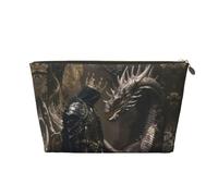 Borsa per il trucco medievale con cavaliere e drago, trousse da viaggio per articoli da toeletta da donna, borsa per il trucco in pelle, graziosa borsa per il trucco, Oro, Taglia unica