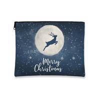 Borsa per il trucco Merry Christmas, borsa da viaggio per cosmetici, con renna lunare blu navy, piccola borsa portatile in tela con cerniera, borsa da toilette per la cura della pelle delle vacanze