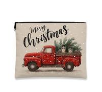 Borsa per il trucco Merry Christmas, borsa da viaggio rustica con camion rosso per donne, organizer portatile in tela con cerniera, borsa da toilette per le vacanze, Rosso, 7x9 Inch, Borsa