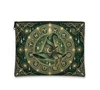Borsa per il trucco mistico con cappello da strega dello zodiaco celeste | Borsa per cosmetici, motivo a ruota zodiacale, stile celestiale, tavolozza verde smeraldo e oro, organizer compatto da