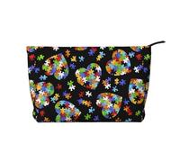 Borsa per il trucco multifunzionale in velluto a coste con chiusura a cerniera a forma di cuore per la consapevolezza dell'autismo, 22 x 7 x 17 cm, per viaggi, campeggio, vacanze, fitness, Nero ,