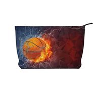 Borsa per il trucco multifunzionale in velluto a coste con chiusura a cerniera e fiamme da basket, 22 x 7 x 17 cm, per viaggi, campeggio, vacanze, fitness, Nero , Taglia unica