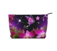 Borsa per il trucco multifunzionale in velluto a coste con chiusura a cerniera e fiore rosa e farfalla 22 x 7 x 17 cm per viaggi, campeggio, vacanze, fitness, Nero , Taglia unica