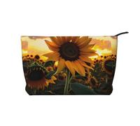 Borsa per il trucco multifunzionale in velluto a coste con chiusura a cerniera e girasole da fattoria 22 x 7 x 17 cm per viaggi, campeggio, vacanze, fitness, Nero , Taglia unica