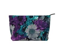 Borsa per il trucco multifunzionale in velluto a coste con chiusura a cerniera, motivo fiori viola e foglia di tè, 22 x 7 x 17 cm, per viaggi, campeggio, vacanze, fitness, Nero , Taglia unica